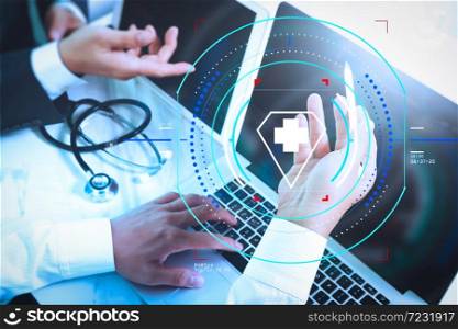 Health care and medical services with circular AR diagram.Medical technology network team meeting concept. Doctor hand working smart phone modern digital tablet laptop computer