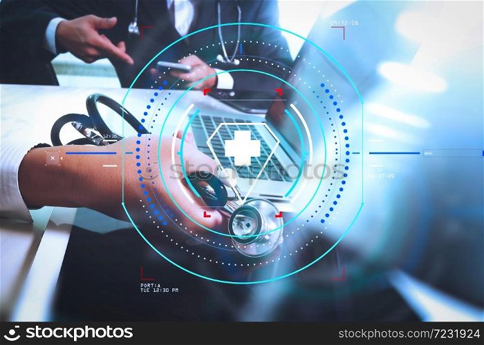 Health care and medical services with circular AR diagram.Medical technology network team meeting concept. Doctor hand working smart phone modern digital tablet laptop computer medical chart interface.