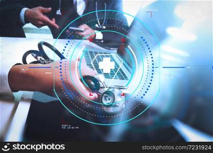 Health care and medical services with circular AR diagram.Medical technology network team meeting concept. Doctor hand working smart phone modern digital tablet laptop computer medical chart interface.