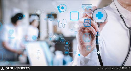 Health care and medical technology services concept with flat line AR interface.smart medical doctor working with stethoscope at modern hospital