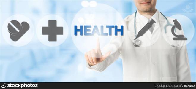 Health Care Concept - Doctor points at HEALTH with icons showing symbol of medicine pills, medical cross and hospital lab research against blue abstract background.