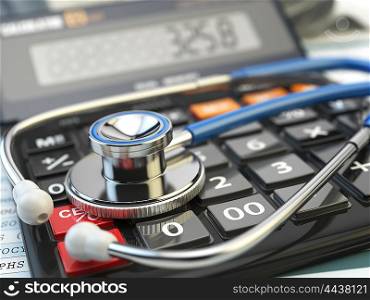 Health care costs concept. Stethoscope and calculator of medical insurance. Medical background. 3d illustration.