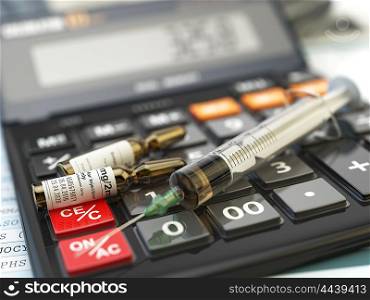 Health care costs concept. Syrringe with vaccine and calculator of medical insurance. Medical background. 3d illustration.