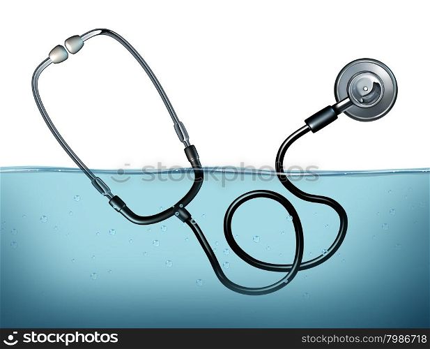 Health care crisis and medical problems as a doctor stethoscope drowning in water as a symbol of the risks and challenges of medicine challenges in managing hospital budgets and patient services.