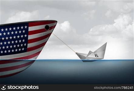 Health care crisis concept and prescriptions and drug coverage policy struggle or medicare and medical insurance symbol as a paper boat made from a doctor prescription note pulling a US ship with 3D illustration elements.