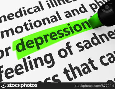 Health care, disease and illness concept with a close-up 3d render of depression word highlighted with a green marker.