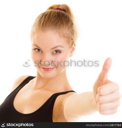 Health care healthy lifestyle. fit fitness sport woman thumb up sign hand gesture. Smiling happy sporty girl. Isolated on white