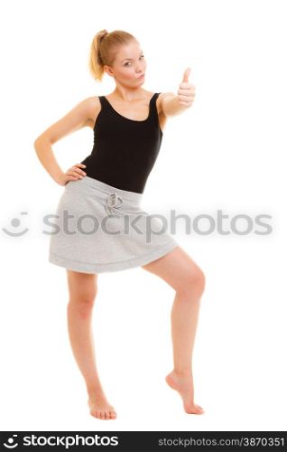 Health care healthy lifestyle. fit fitness sport woman thumb up sign hand gesture. Smiling happy sporty girl. Isolated on white
