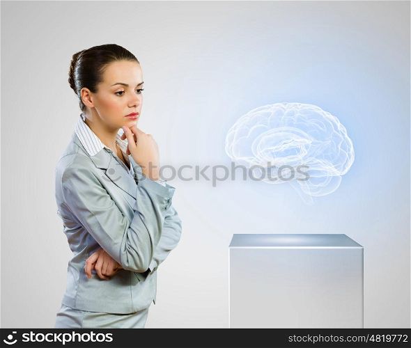 Health care. Image of scientist looking at media icon. Neurology