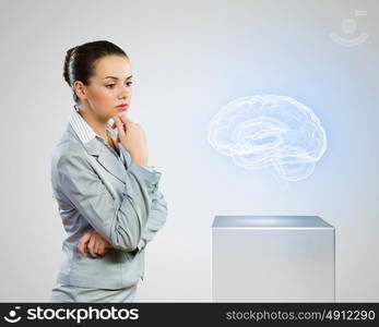 Health care. Image of scientist looking at media icon. Neurology