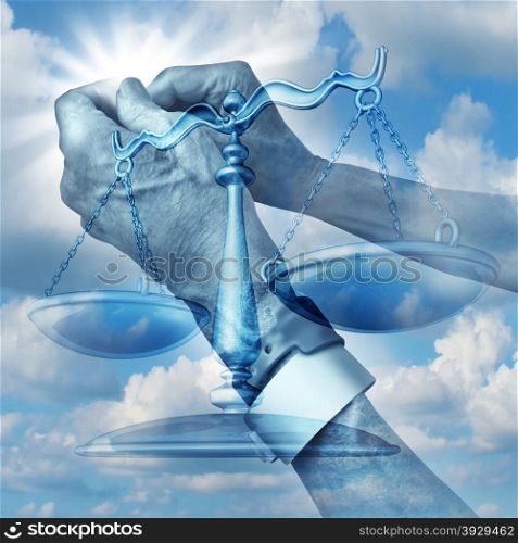 Health care justice concept with the clenched hands of an elderly hospital patient wearing arm wrist tags with the scales of equality for patients rights on a blue sky as a symbol of medical law in regards to abuse and neglect.