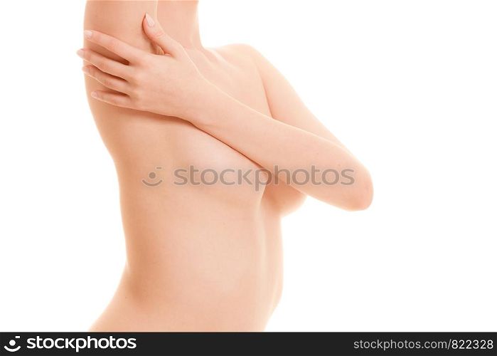 Health care medical concept. Young woman examining her breasts for lumps or signs of breast cancer isolated on white. Woman examining her breasts for breast cancer