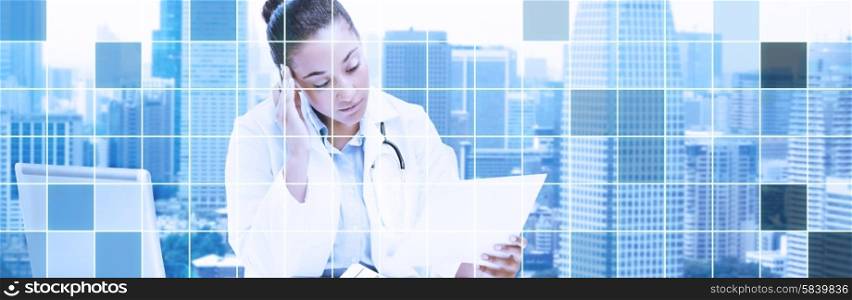 health care, medicine, people and technology concept - african american female doctor with laptop reading medical report paper over city and blue monochrome grid background