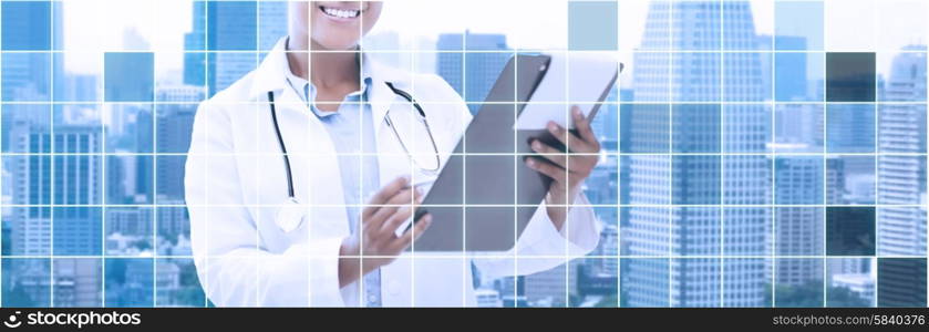 health care, people and medical concept - happy african female doctor with clipboard over city and blue grid background