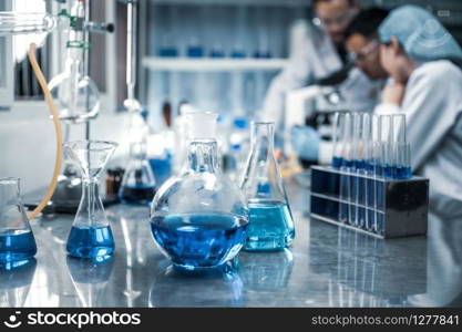 Health care researchers working in life science laboratory