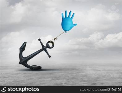 Health Care Restrictions and medicine or medical services held back as a large anchor holding a surgical glove balloon restricting progress with 3D illustration elements.