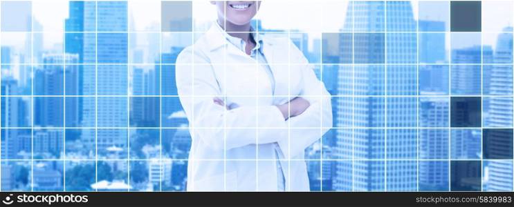 health care, science, people and medical concept - happy african american female doctor in white coat over city and blue monochrome grid background