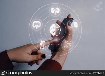 Health care services online closeup concept image with white glyph icons. Three-quarter view photo of hands with smartphone on background. Picture for web banner, infographics, blog, news and article. Health care services online concept image with white glyph icons
