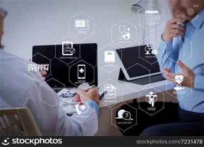 Health care system diagram with health check and symptom on VR dashboard.Medical doctor in white uniform gown coat consulting businessman patient having exam as Hospital professionalism concept