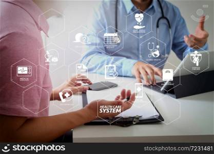 Health care system diagram with health check and symptom on VR dashboard.Medical doctor using mobile phone and consulting businessman patient having exam as Hospital professionalism concept