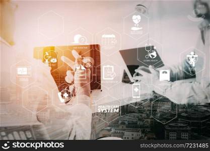 Health care system diagram with health check and symptom on VR dashboard.Medical doctor in white uniform gown coat consulting businessman patient having exam as Hospital professionalism concept with city exposure