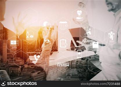 Health care system diagram with health check and symptom on VR dashboard.Medical doctor in white uniform gown coat consulting businessman patient having exam as Hospital professionalism concept with city exposure