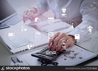 Health care system diagram with health check and symptom on VR dashboard.Healthcare costs and fees concept.Hand of smart doctor used a calculator for medical costs in modern hospital