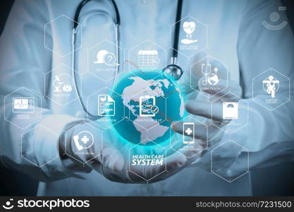 Health care system diagram with health check and symptom on VR dashboard.smart doctor and technology as medical concept