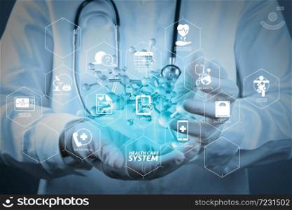 Health care system diagram with health check and symptom on VR dashboard.scientist doctor hand touch virtual molecular structure in the lab
