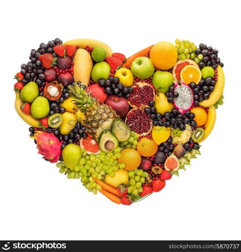 Health concept of eating smart; heart symbol made of fresh fruits that reduce death risk, isolated on white background.