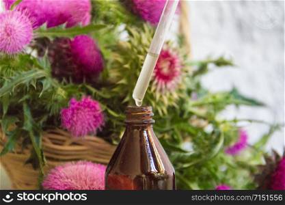 Health concept with essential oils of thistle for alternative medicinal use