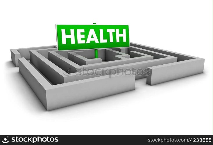 Health concept with labyrinth and green sign on white background.