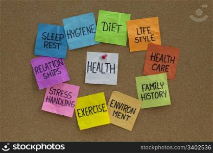 health concept - word cloud or circle of contributing factors (diet, lifestyle, healtcare, family history, environment, exercise, stress, relationships, sleep, rest, hygiene), colorful sticky notes on cork bulletin board