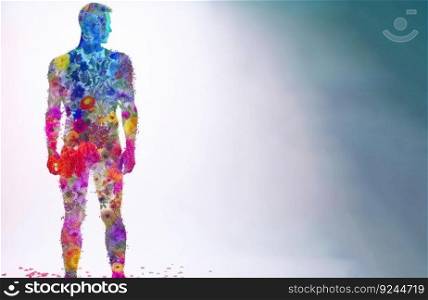 Health Day, concept image of a man from grass, flowers. Body care symbol. Fictional person created with generative AI. Header banner mockup with space.. Health Day, concept image of a man from grass, flowers. Fictional person created with generative AI.