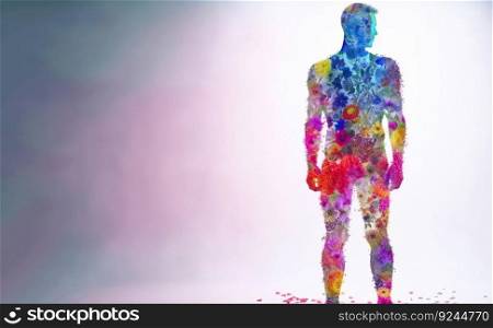 Health Day, concept image of a man from grass, flowers. Body care symbol. Fictional person created with generative AI. Header banner mockup with space.. Health Day, concept image of a man from grass, flowers. Fictional person created with generative AI.