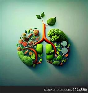 Health Day, the concept of human lungs in the form of grass and trees. Body care symbol. AI generated. Green background.. Health Day, the concept of human lungs in the form of grass and trees. AI generated. Green background.