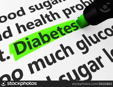 Health disease concept with a 3d render of medical words and diabetes text highlighted with a green marker.