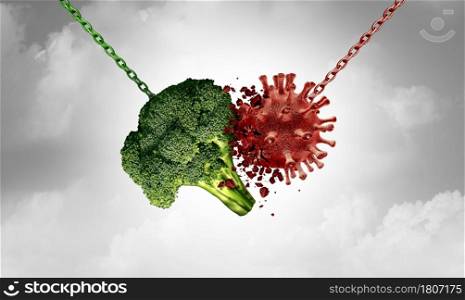 Health food and Disease fighting foods nutrition concept with a healthy broccoli vegetable destroying a virus cell as a healthcare metaphor for a fit lifestyle to attack illness with 3D illustration elements.
