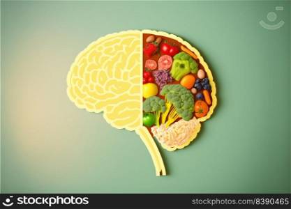 Health in your brain. Fresh vegetables in human brain symbolizing health nutrition on colorful background. Generative AI