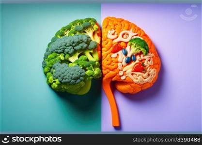 Health in your brain. Fresh vegetables in human brain symbolizing health nutrition on colorful background. Generative AI