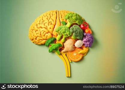 Health in your brain. Fresh vegetables in human brain symbolizing health nutrition on colorful background. Generative AI