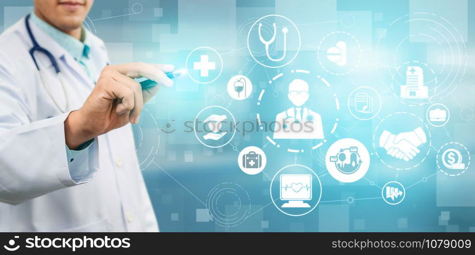 Health Insurance Concept - Doctor in hospital with health insurance related icon graphic interface showing healthcare people, money planning, risk management, medical treatment and coverage benefit.