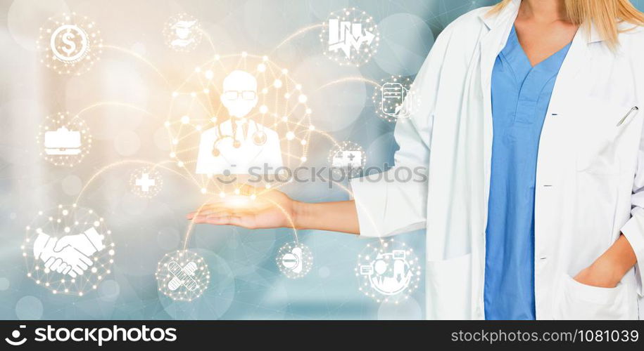 Health Insurance Concept - Doctor in hospital with health insurance related icon graphic interface showing healthcare people, money planning, risk management, medical treatment and coverage benefit.