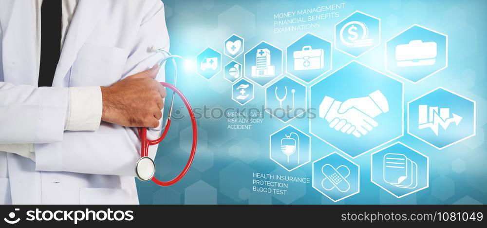 Health Insurance Concept - Doctor in hospital with health insurance related icon graphic interface showing healthcare people, money planning, risk management, medical treatment and coverage benefit.