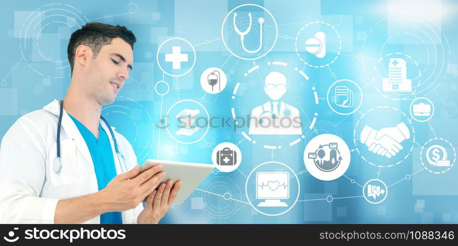 Health Insurance Concept - Doctor in hospital with health insurance related icon graphic interface showing healthcare people, money planning, risk management, medical treatment and coverage benefit.