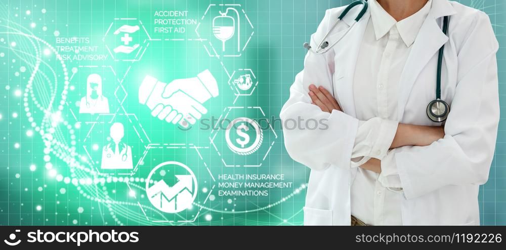 Health Insurance Concept - Doctor in hospital with health insurance related icon graphic interface showing healthcare people, money planning, risk management, medical treatment and coverage benefit.