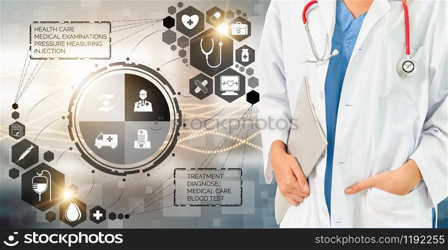 Health Insurance Concept - Doctor in hospital with health insurance related icon graphic interface showing healthcare people, money planning, risk management, medical treatment and coverage benefit.