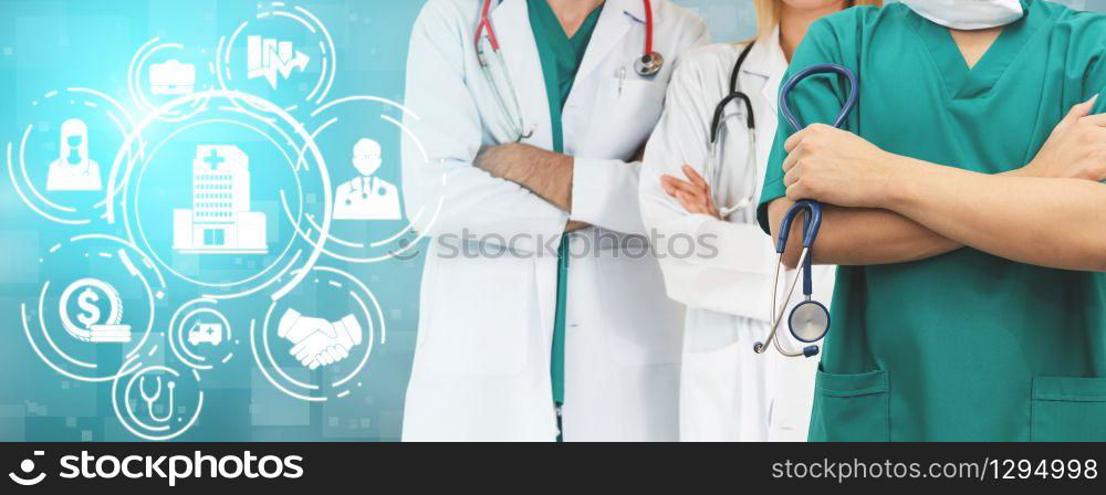 Health Insurance Concept - Doctor in hospital with health insurance related icon graphic interface showing healthcare people, money planning, risk management, medical treatment and coverage benefit.