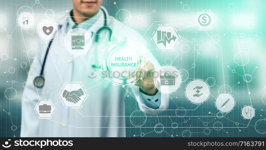 Health Insurance Concept - Doctor in hospital with health insurance related icon graphic interface showing healthcare people, money planning, risk management, medical treatment and coverage benefit.