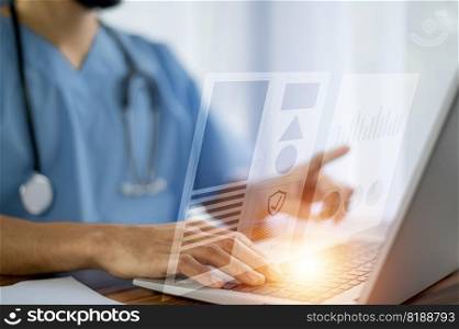 Health insurance, Doctor working in office at hospital and visual screen technology concept life insurance medical and heal care insurance concept
